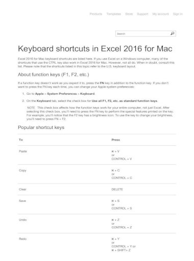 keyboard shortcuts for excel mac 2016